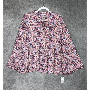 Ophelia Roe Peasant Top Womens Size XL Floral Long Tiered Bell Sleeve Peplum NWT